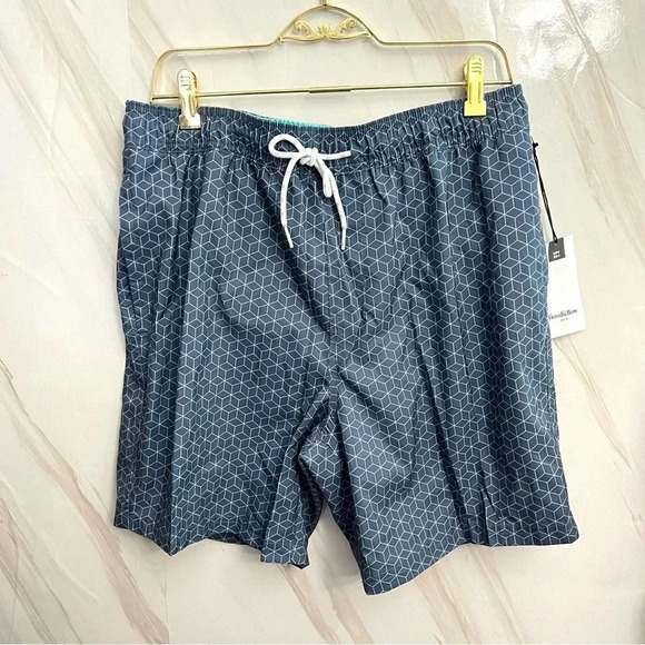 Swim Trunks Construct Blue Micro Print 7" Inseam Built-In Brief Elastic Waist - Picture 1 of 8